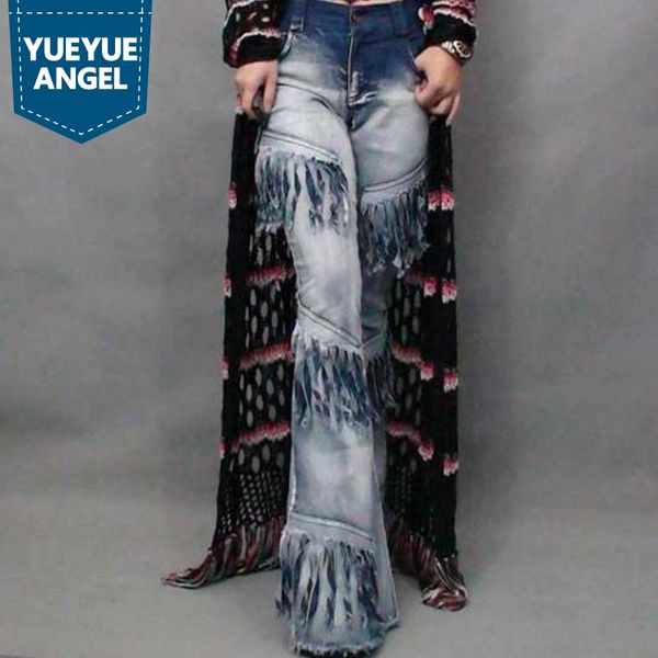 

2019 new fashion women's vintage chic bell bottoms denim female wide flared jeans lace up tassel ladies long pants stretchy, Blue