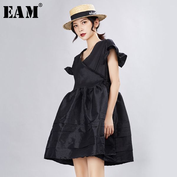

eam] 2020 новая весна лето v-образным вырезом с коротким рукавом оборками split joint сыпучие темперамент платье женщины мода tide jx341, Black;gray