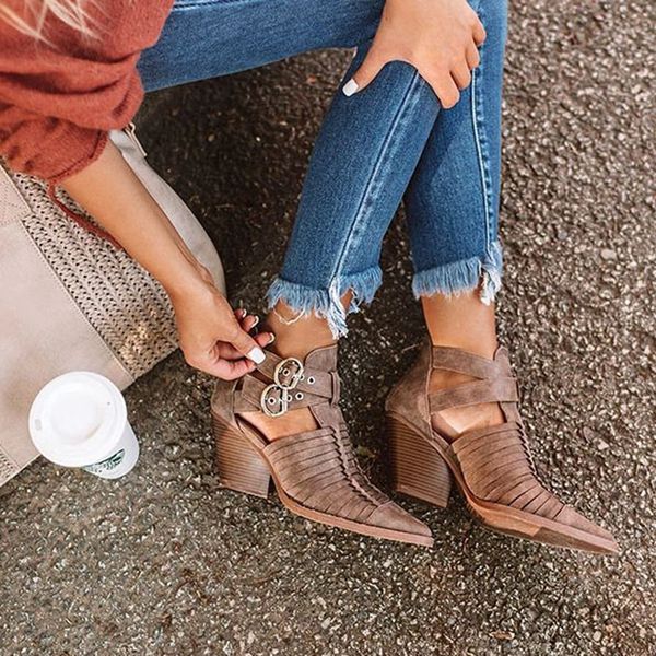 

nice women heels new fashion pointed toe pumps ankle women shoes comfort pu low heel buckle strap leather boots, Black