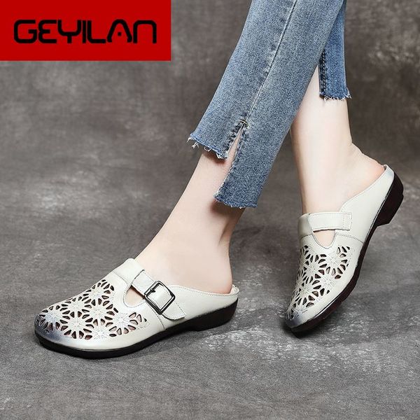 

2019 summer women's genuine leather shoes round head slip on femme slippers retro hollow zapatillas mujer, Black