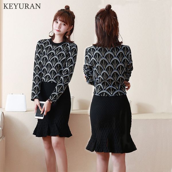 

2020 autumn winter new print pattern knit sweater + mermaid skirt women 2pcs clothing sets casual knitting skirt suits l2545, Gray