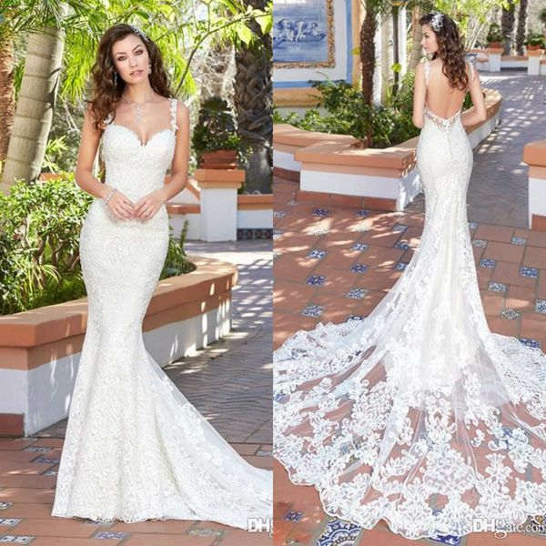 

2020 vintage kitty chen mermaid wedding dresses backless spaghetti neck full lace applique bridal gowns court train wedding dress, White