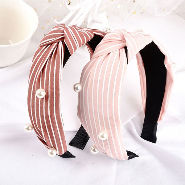 

women female turban hair accessories hair hoop stripe polyester wide headband pearl bands knotted bow hearband