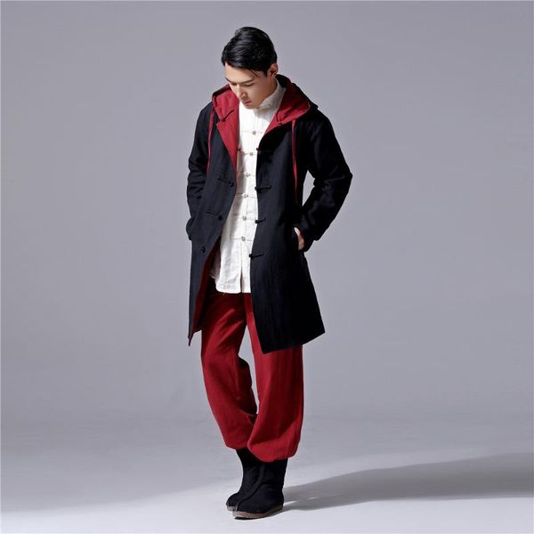 

19 ma fan chinese-style men's wear cotton linen coat men's double-sided wear frog literature and art-style casual retro hat coat, Tan;black