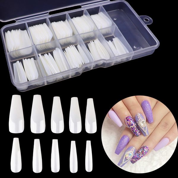 

100pcs/box fake nail artificial long ballerina clear/natural/white false coffin nails art tips full cover manicure 10 sizes, Red;gold