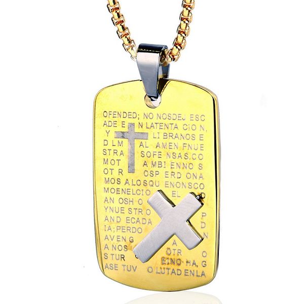 

fashion men dog tag cross pendant necklaces jesus bible design hip hop jewelry stainless steel chain gold color necklace for men, Silver