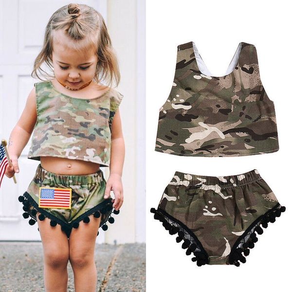

малыш девушка одежда устанавливает камуфляж комбинезон без рукавов жилет топы + шорты костюм лето в загородном стиле, White