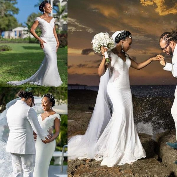 

2020 african mermaid wedding dresses cutaways sides applique lace backless bridal dress plus size wedding gowns, White