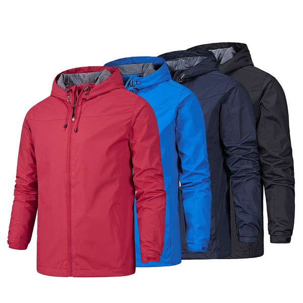 

2019 waterproof jacket men windproof warm solid color lightweight hooded zipper hiking jackets outdoor sports camping rain coat, Blue;black