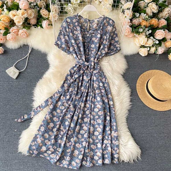 

singrain women summer floral dress chiffon o neck print midi long dress french romantic bohemian vacation beach sundress 2020, Black;gray