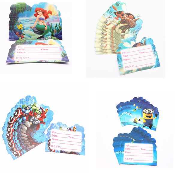 

10pcs mermaid avengers detective pikachu spiderman unicorn theme invitation card baby shower supplies party favors
