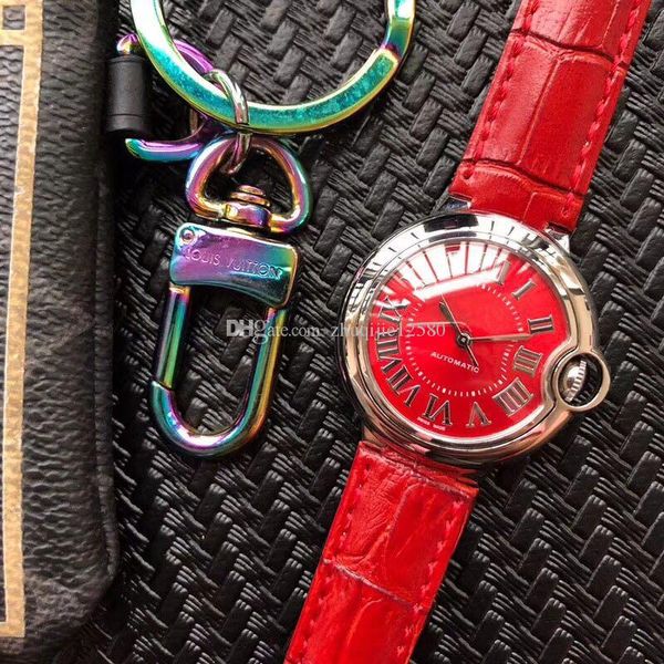 

wholesale fashion luxury lady watches red 33mm dial leather or stainless steel strap designer watches automatic movement watches, Slivery;brown