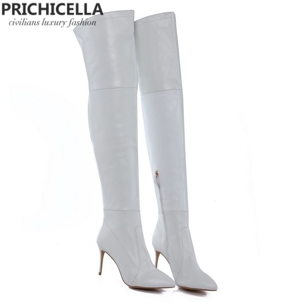 

prichicella 8cm 10cm grey genuine leather over the knee boots thigh high booties size34-42, Black