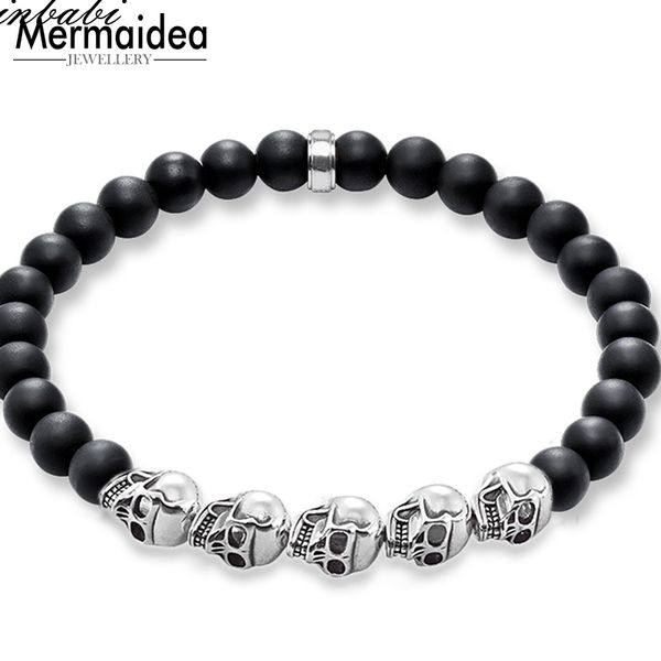 

black obsidian skull beads bracelet black stone heart matted bracelet rebel 925 sterling silver jewelry gift for men, Golden;silver