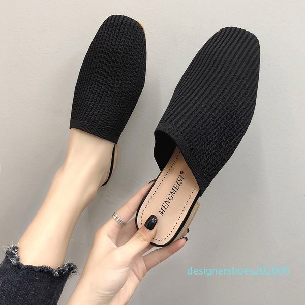 

sagace summer baotou half slippers woven fashion low-heeled women's slippers simple wild hollow half flat wear d06, Black