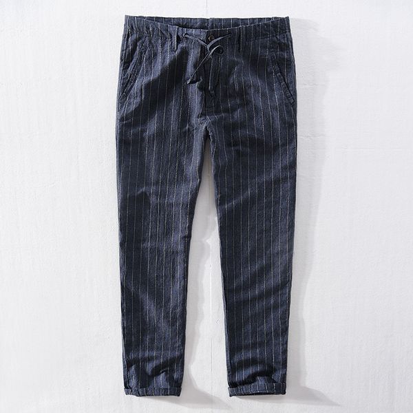 

2018 new summer and autumn linen striped pants men cotton simple stripes blue trousers men casual loose 30-40 pantalones broek, Black