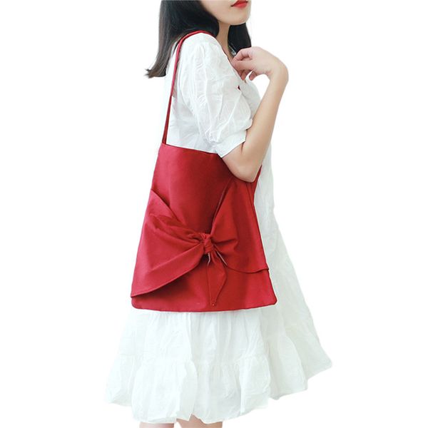 

women new canvas cotton tote bags korean style bow knot solid color shoulder bag handbag lady reusable handbag machine washable