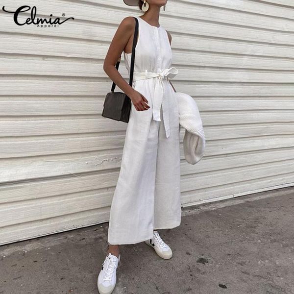 

long jumpsuits women's wide leg pants celmia 2020 summer sleeveless casual loose solid belted work rompers plus size overalls 7, Black;white