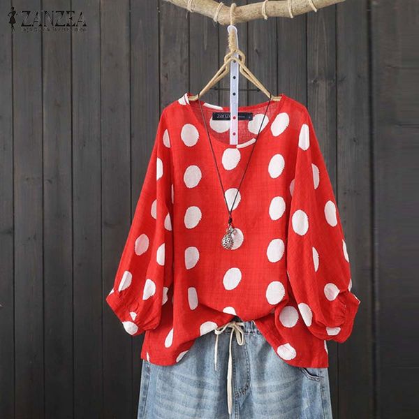 

2019 zanzea summer women shirts hohemian dot printed blouses casual cotton linen 3/4 lantern sleeve blusas tunic chemise, White