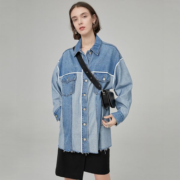

loose fit vintage causal spliced denim jacket new lapel long sleeve women coat fashion tide autumn winter 2019 s113, Black;brown