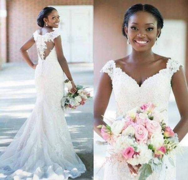 

african mermaid wedding dresses lace applique 2020 cap sleeves straps illusion covered buttons back country wedding gown vestido de novia, White