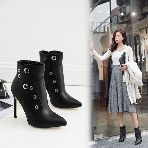 

mhyons 2019 new women's shoes europe and america wild pointed high-heeled boots round hole women's boots, Black