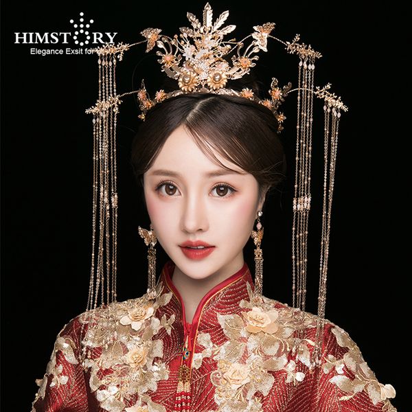 

himstory elegance bridal headwear costume gold round chinese style jewelry hair crowns long tassels wedding accessories, Golden;white