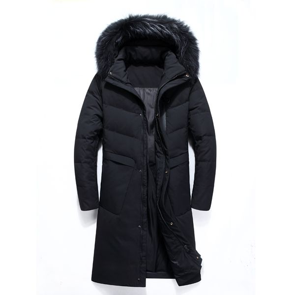 

real fur collar men's long down jacket windproof waterproof winter men's long duck down coat duck snow overcoat outerwear, Black