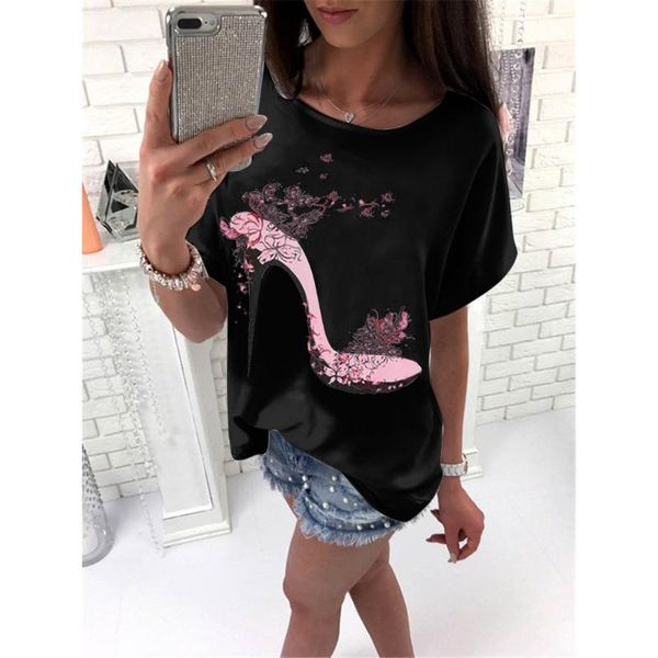 

high heels printed t-shirt women short sleeve o-neck beach casual loose tshirt summer femme t-shirt chemise femme, White
