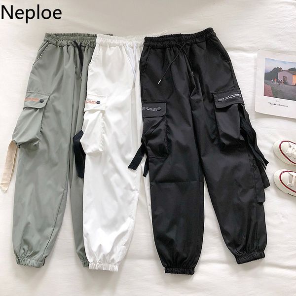 

neploe women pants high waist lace up cargo pant solid big pockets loose trouser hip hop streetwear new fashion sweatpants 90239, Black;white