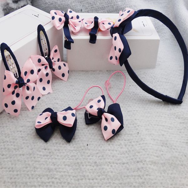 

7pcs/set headwear set children accessories printing dot bow headband hair clip gum for hair hairband for girls headdress, Slivery;white