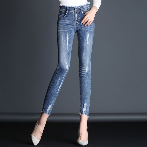 

spring 2018 fashion distressed women jeans high waist vintage denim women bleached jean femme, Blue