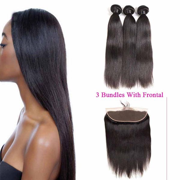 

бразильские пучки волос с кружевными прямыми прямыми человеческими волосами 100% переплетает 3 пучка с фронтальным закрытием связки человече, Black