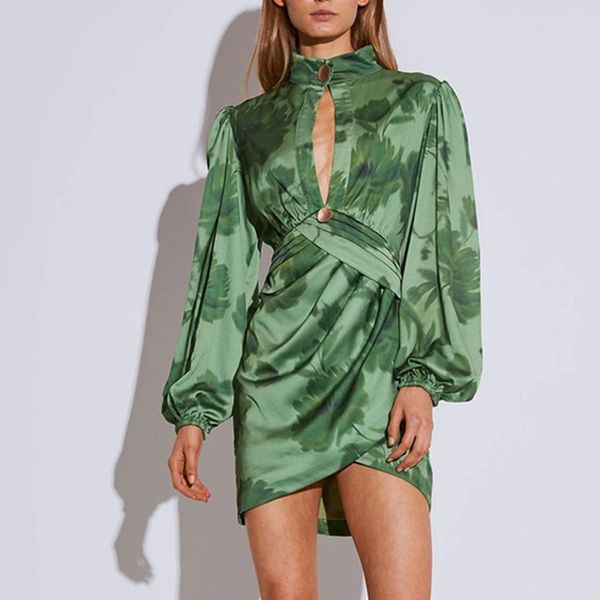 

2019 autumn new fashion floral print woman mini dress lantern long sleeve high waist pleated irregular dress elegant vestidos, Black;gray