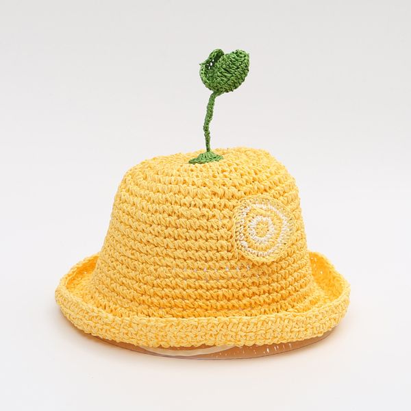 

cute e girls princess hat summer baby girls woven straw hat children sun-resistant bucket xiao hai mao fashion, Yellow