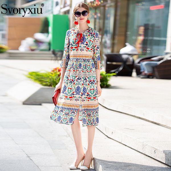 

svoryxiu summer runway 100% silk dress women's baroque printing half sleeve bohemian slit midi dress + bow, Black;gray