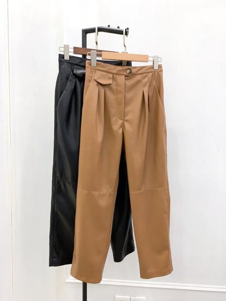 

women pants faux leather pleated tobacco pipe long pants, Black;white