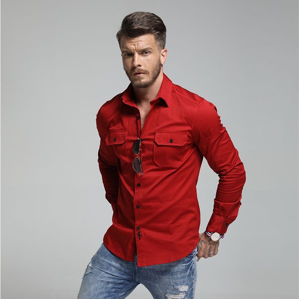

2019 men's casual solid long sleeve shirt slim business shirt red solid color brand men's clothing soft comfort butz, White;black