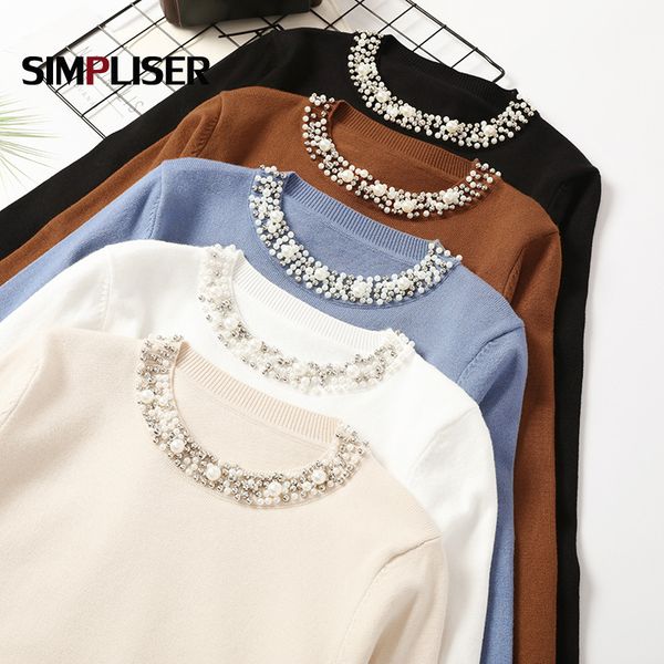 

beading sweaters women 2019 o-neck long sleeve knitting fashion knitted shirts ladies pullovers white black mujers