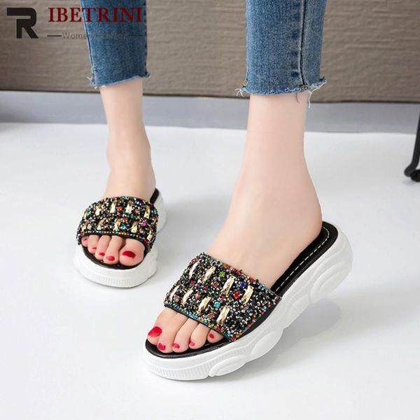

ribetrini fashion mixed-color platform shoes women cool decorating rhinestone slippers casual wedges slides, Black
