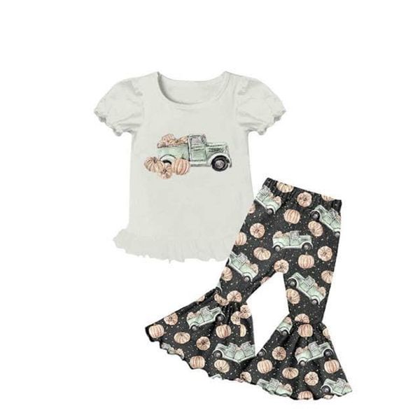 

baby girls wholesale children short sleeve print shirt big ruffle bell bottom pants car kids clothing girls' clothing sets, White