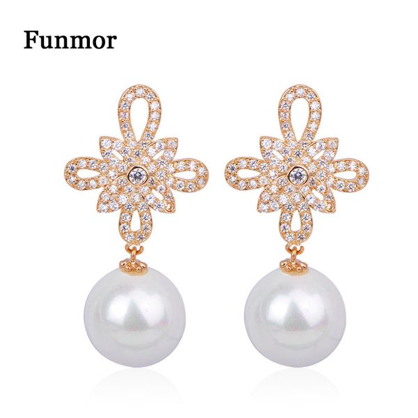 

funmor luxury simulated pearl earrings zircon drop dangle brincos women girls wedding engagements banquet ear jewelry ornaments, Silver