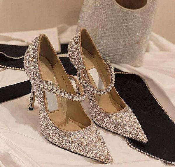 

women's london baily 100mm pumps calf leather goat skin crystal metal high heels strap bailey pearl crystal wedding shoes new season, Black