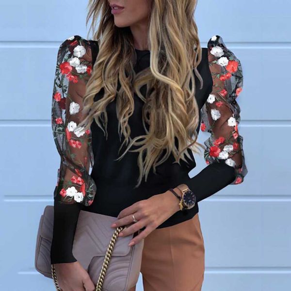 

fashion women o-neck lantern sleeve perspective dot mesh long sleeve casual loose fashion casual women, White