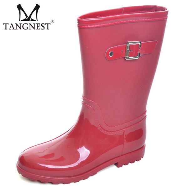 

tangnest candy color rain boots women new slip on mid-calf rainboots casual round toe platform flats rubber shoes woman xwx3071, Black