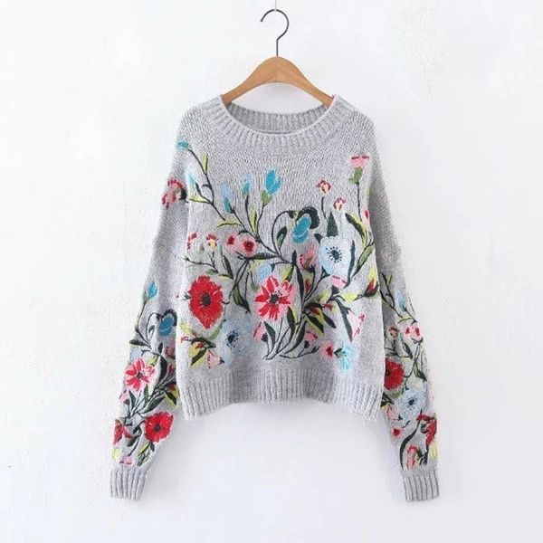 

designer sweater women sweaters 2019 spring round neck long sleeve flower embroidered gray knitting warm loose sweater women fashion tide, White;black