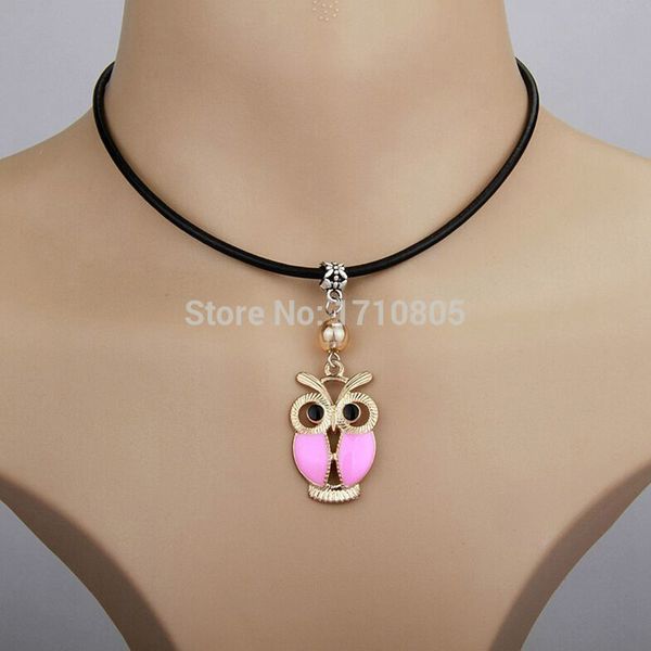 

10pcs/lot alloy drop glaze cute pink owl necklace multicolor glass bead charm pendant leather rope necklace jewelry valentine's day pre, Silver