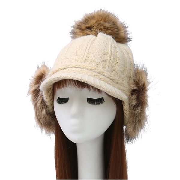 

plus fluffy bomber hats winter fur caps for women pompom knitted hats with flaps thicken earflap big hair ball ear cap gorros, Blue;gray