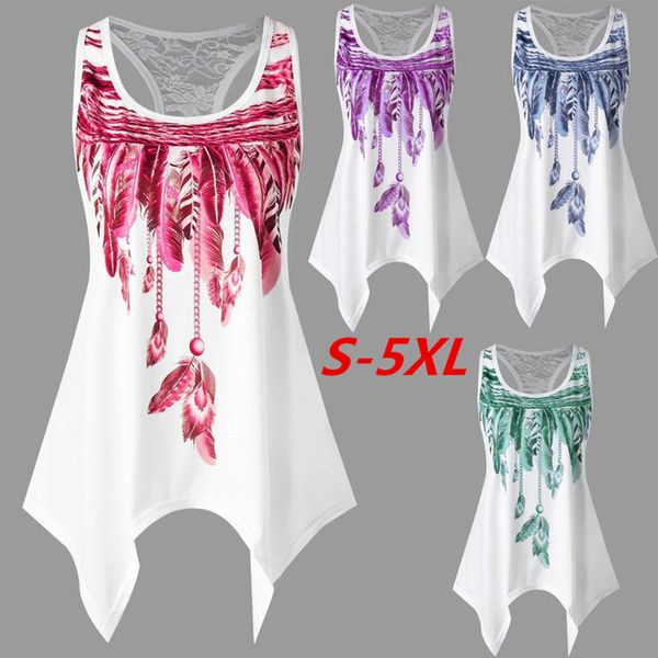 

summer 2019 new women t shirt big sizes casual sleeveless butterfly feather print loose 5xl plus size female, White