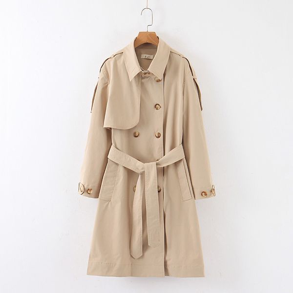 

women's delicate lapel women's khaki double-breasted lapel plaid stitching fashion windbreaker button design coat large pocket, Tan;black